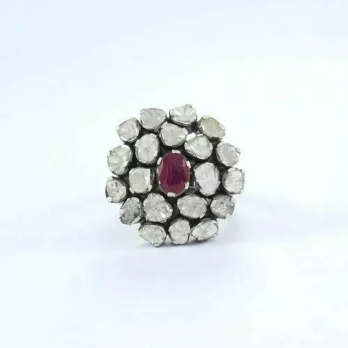 Natural Ruby Gemstone Rose Cut Polki Diamond 925 Sterling Silver Ring Jewelry