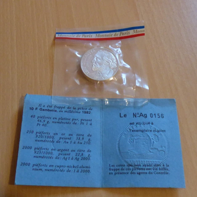France 10 Francs GAMBETTA Piedfort 1982 PROOF silver 92.5% (22.8 g)  MS seal+CoA