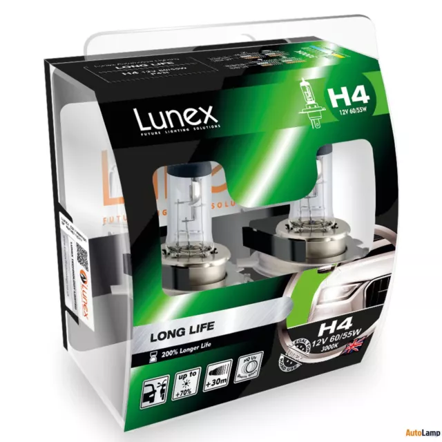 2x H4 Genuine Lunex LONG LIFE 200% 55/60W 12V 472 Car Headlight Bulbs P43t Twin