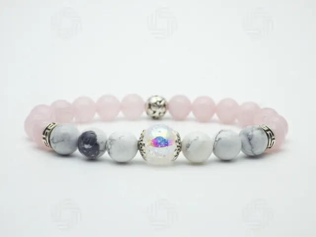 Bracelet Howlite 8 mm quartz rose neige fissurée énergie Reiki guérison amour pierre précieuse