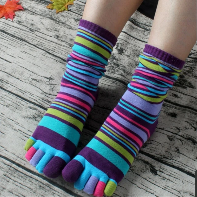 Lot De 3 Paires De Chaussettes Genou Haut à Orteils (toe Socks) Rayées Arc-en-ciel - Coton Mixte - Taille Unique Femme