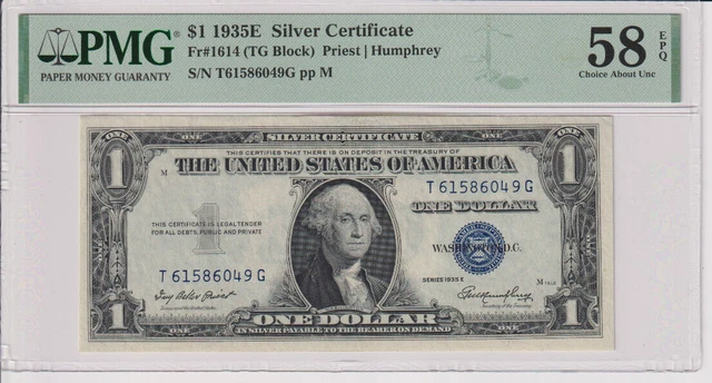 Fr 1614 1935E $1 SC T61586049G PMG 58EPQ RARE BLOCK  1935-E