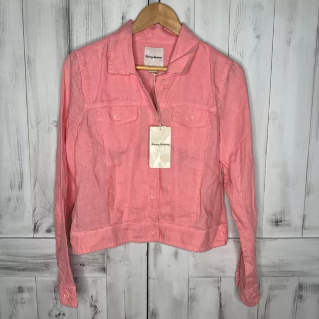 Nwt Womens Tommy Bahama Two Palms 100% Linen Raw Edge Button Up Jacket Pink S