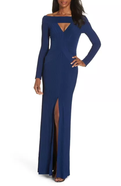 💙 TADASHI SHOJI Midnight Navy Blue LIVIA Pintuck Off Shoulder Jersey Gown S 4/6