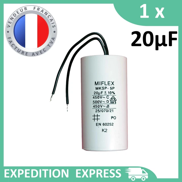 Condensateur moteur 20µF 20uF 450V à fils MKSP-5P démarrage/permanent