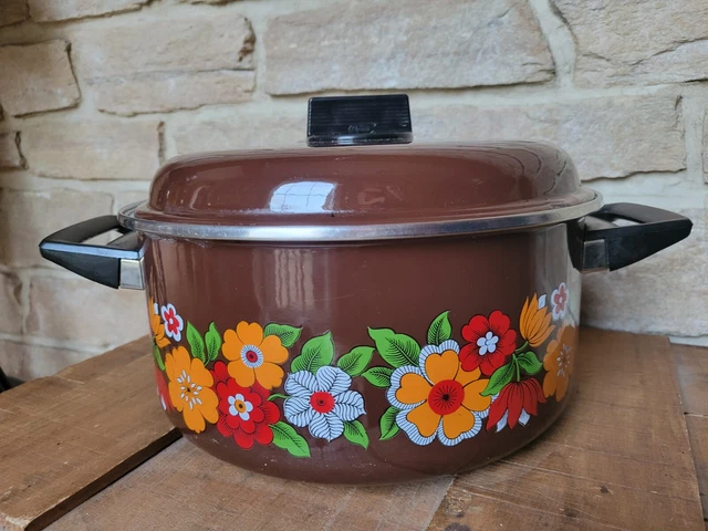 Ancien Faitout original cocotte emmaillé beige marron deco fleur Marmite Vintage 1970 - Arts de la table