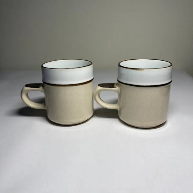 2 Denby Pottery Madrigal Coffee Cups Mugs Cream Brown Stoneware