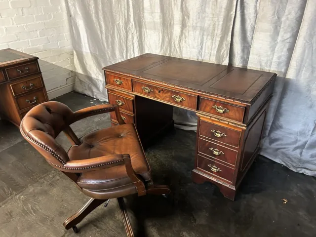 Kneehole Desk And Chesterfield Captains Chair In Yew Wood And Tan Leather