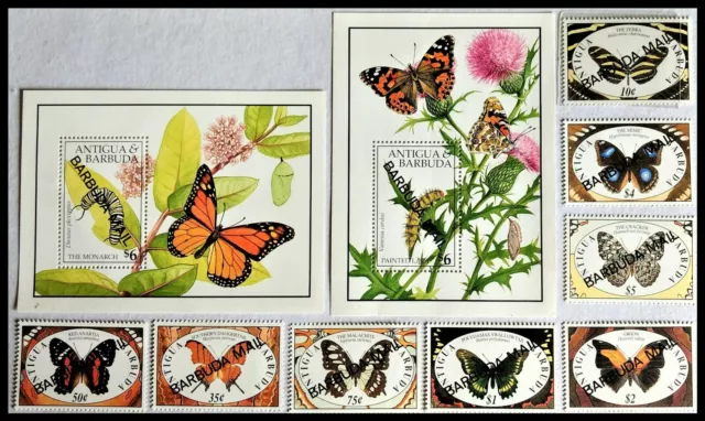 124.Antigua & Barbuda 1991 Set/8 Stamp + 2 M/S Butterflies With Overprint. Mnh