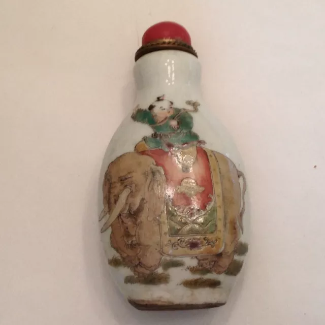 ~ Vintage Chinese Enamel Hand Painted Porcelain Snuff Bottle - Boy on Elephant