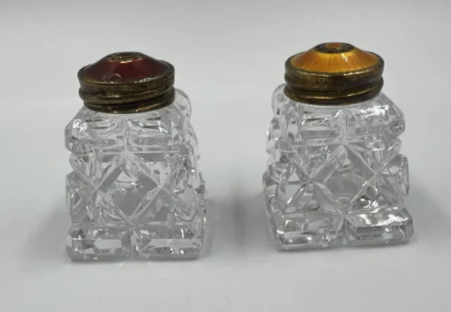 Sterling 925S Norway Guilloche Yellow Red Enamel Crystal Salt Pepper Shakers