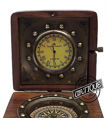 Antique Clock Pocket Watch Brass Compass Marine Nautical Desk Clock Table Décor.