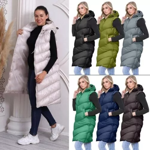 Damen Langleine Puffer Weste mit Kapuze Gepolstert Reißverschlüsse Jacke Seite