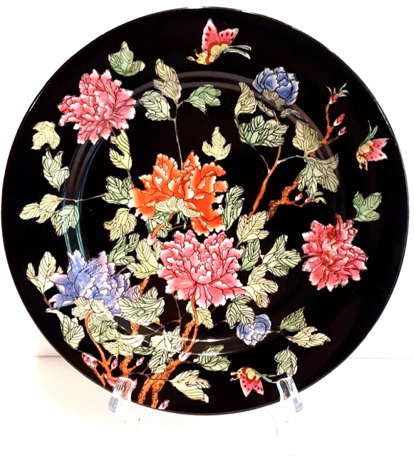 VINTAGE CHINESE EXPORT Enameled Porcelain Plate "Peonies", Marked, 10 1