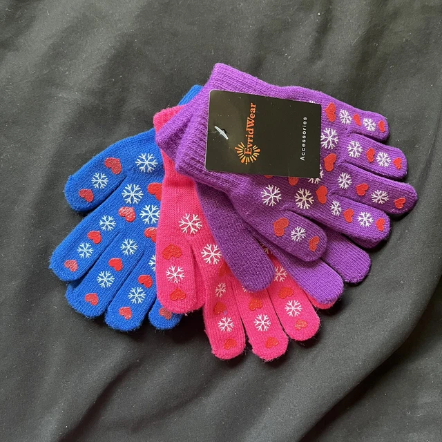 Evrid Wear Heart and Snow Magic Stretch Gloves Ages 8-14 Years 3 Pair