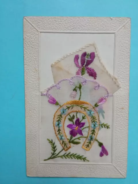 Cpa - Carte Postale Ancienne Brodée - Fer A Cheval Et Fleurs