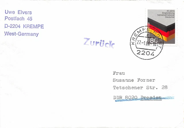 683459) Bund Postkriegbeleg mit Nr.1285 40 Jahre Eingliedrung Heimatvertriebene