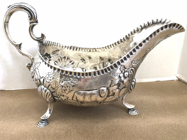 Antique c1760 Irish Sterling Silver Hand Chased Gravy/Sauce Boat 9"x5”x4”