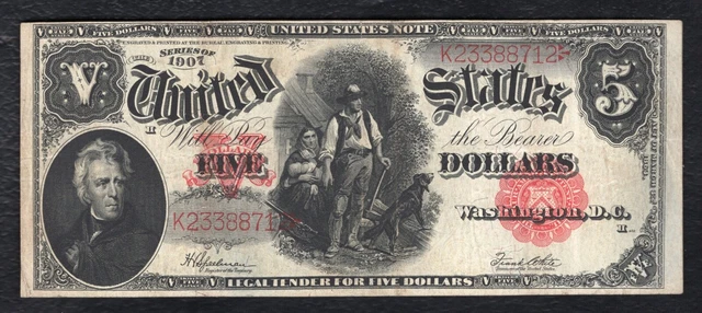 Fr. 91 1907 $5 Five Dollars “Woodchopper” Legal Tender United States Note Vf