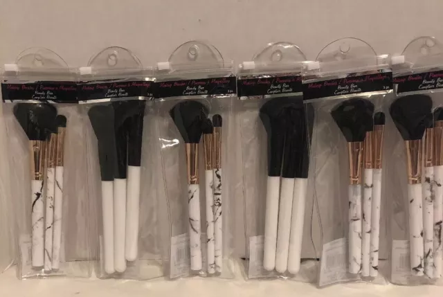 Lot of 6 Makeup Brushes Triple Pack Cosmetic White Faux Marble Black Bristles