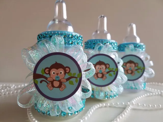 12 Monkey Blue Fillable Bottles Baby Shower Boy Favors Safari Jungle Noah Animal 3