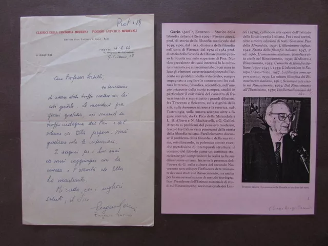 Autografo Lettera Eugenio Garin Storico Filosofia Pico Mirandola 1964 Sorbelli