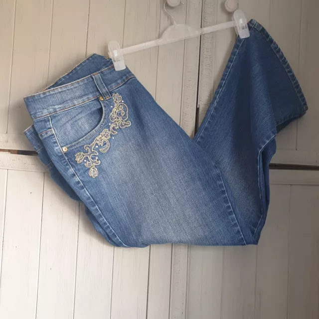 House of Denim  Boocut Blue Denim Jeans Sz 22 R Gold Embroidery Gems