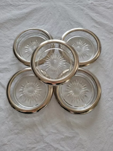 Vintage leonard glass of Italy silver plate starburst coasters MCM Set of 5