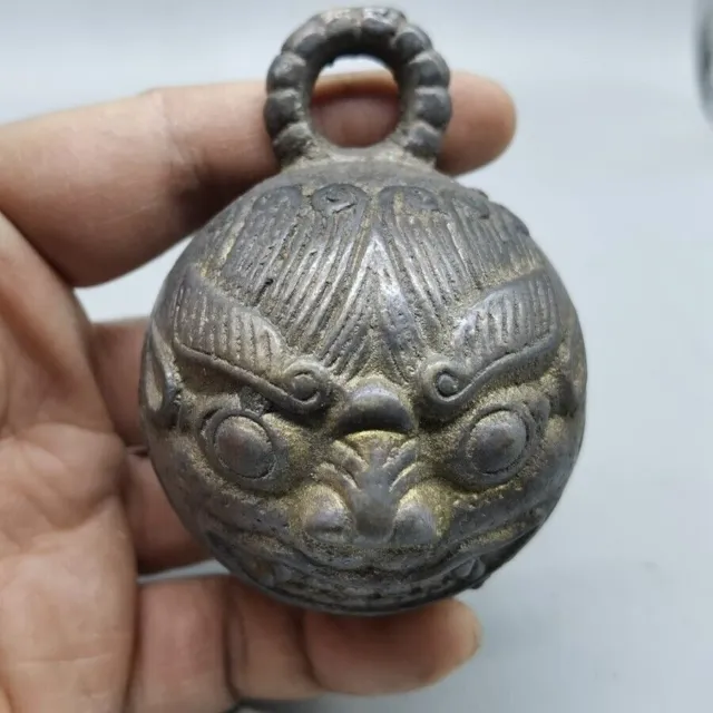 Old Chinese bronze copper handcarved Tiger head bell statue