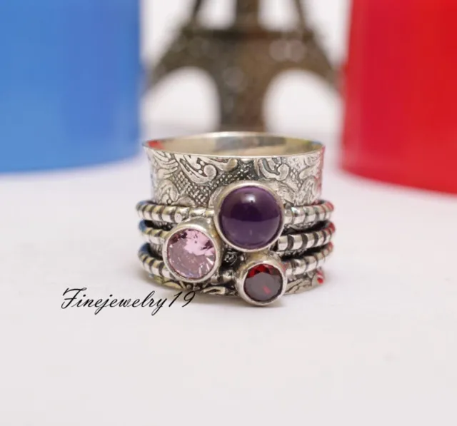 Amethyst Garnet Rose Quartz Ring 925 Sterling Silver Spinner Handmade Jewelry I9