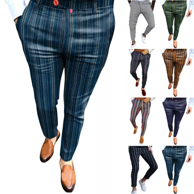 Mens Formal Striped Slim Fit Pencil Pants Casual Business Skinny Trousers