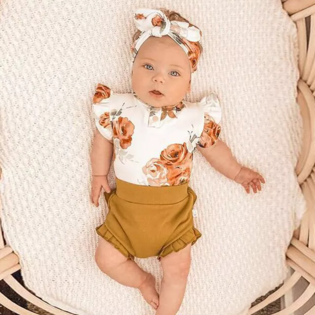 Infant Girls Fly Sleeve Floral Prints Tops Shorts Romper Bodysuit Headbands