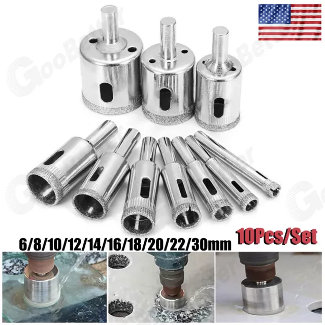 10Pcs/set 6mm-30mm Diamond Coated Hole Saw Drill Bit Cutter Core Shaft Tool Kit