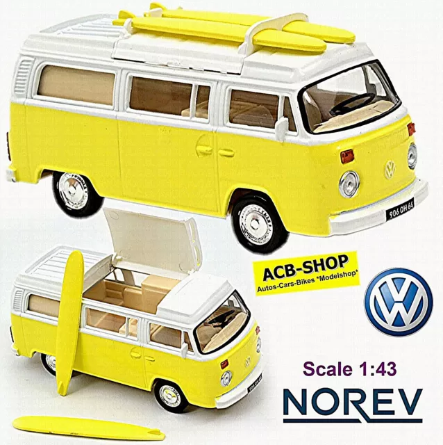 VW Volkswagen T2b Camper Van Westfalia + Surfbretter 1972-79 gelb 1:43 Norev