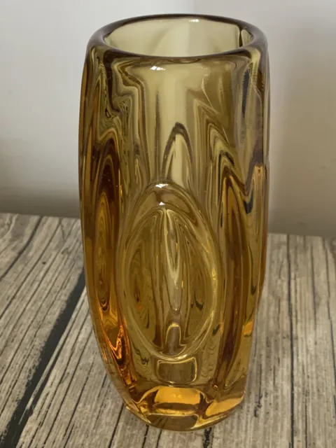 Vintage 6” 15cm Bohemian Amber Glass Lens Bullet Vase Schrotter Sklo Union