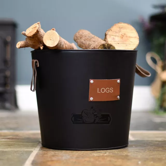 Black & Leather "WOOD" Fireside Log Basket - 35cm