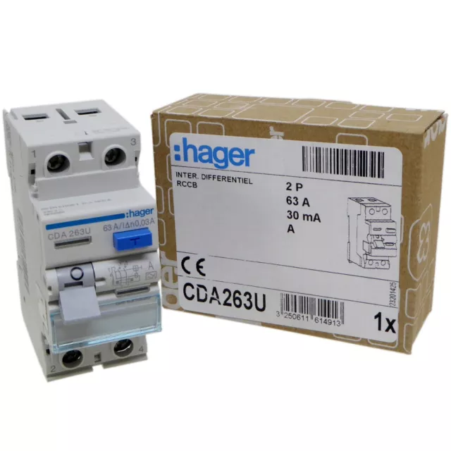 Hager CDA263U A-Type RCD 63 Amp 30mA RCCB Trip Double Pole AC and DC Protection