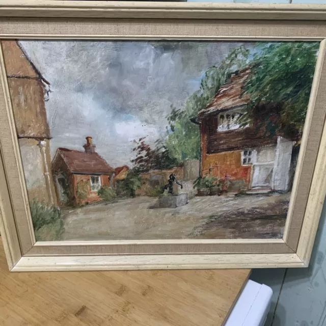 Oil painting on board of Periwick Barn Plaxtol Kent Houses Trees