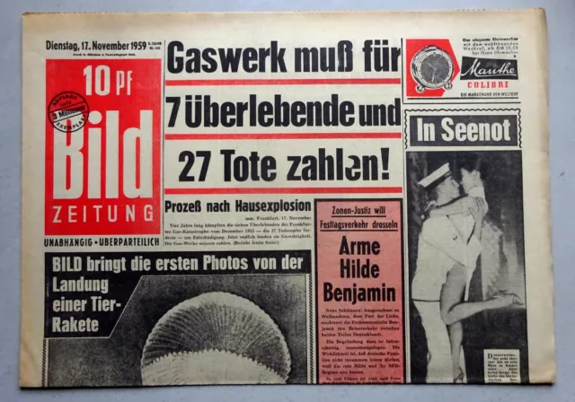 Kult-Zeitschrift BILD ZEITUNG, 17. 11. 1959, Gaswerk -  für Hausexplosion zahlen