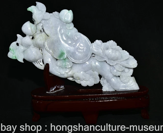 10" Old Chinese Jadeite Emerald Jade Carving Feng Shui Ruyi Lotus Luck Statue