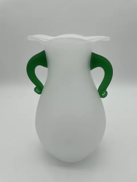 Frosted Bubble Hand-blown Glass Urn Vase Pulegoso-Style Green Handles