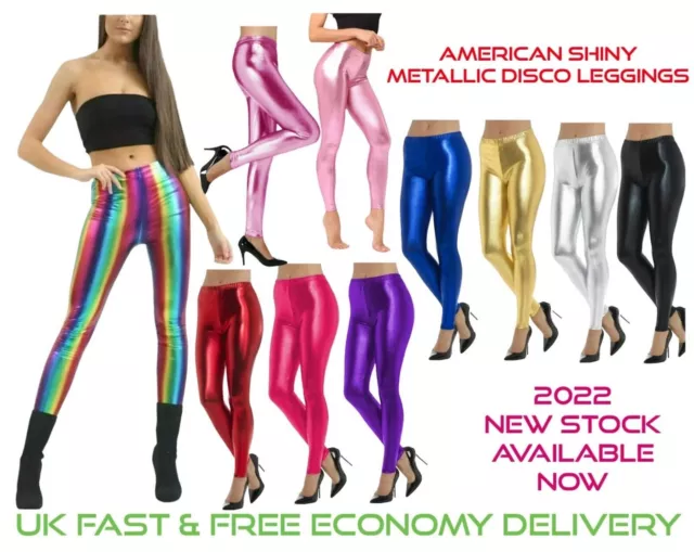 New Womens Ladies Shiny American Metallic Disco Leggings Wet Look Stretchy Pants