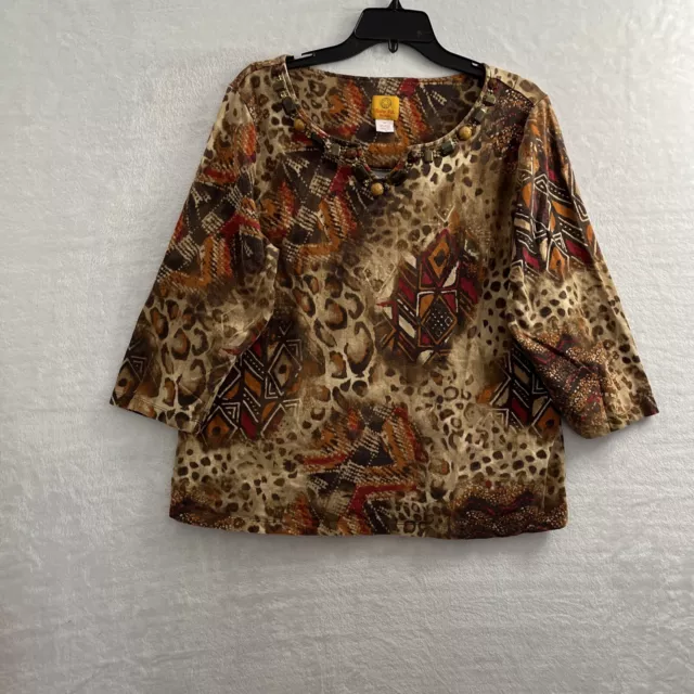 Ruby Rd Blouse Top Womans Plus 1X Geometric Beaded Multicolor 3/4 Sleeve