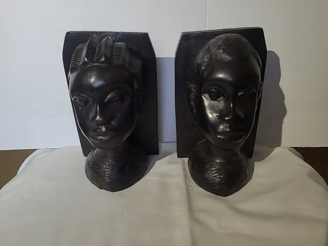 VINTAGE HAND CARVED EBONY AFRICAN TRIBAL BOOKENDS 15.5cm