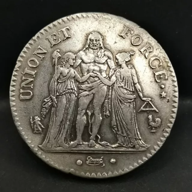 5 FRANCS ARGENT UNION ET FORCE AN 8 A PARIS FRANCE / SILVER / 37mm 25.2g