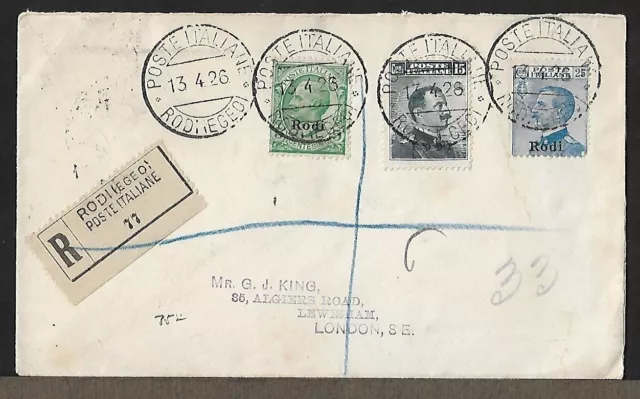 Aegean Islands Rodi To Uk Registered Italian Ovpt Stamps On Cover 1926