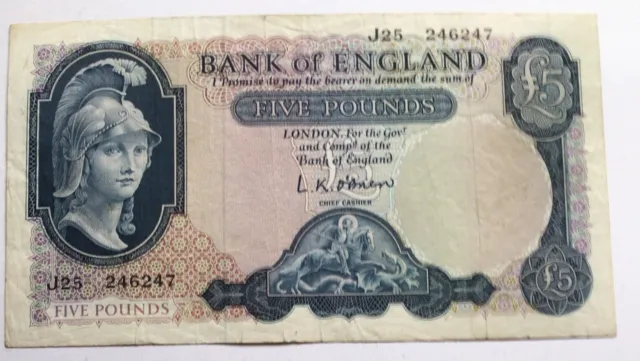 Bank of England L K O'BRIEN £5 Five Pounds Banknote (B280) 1961