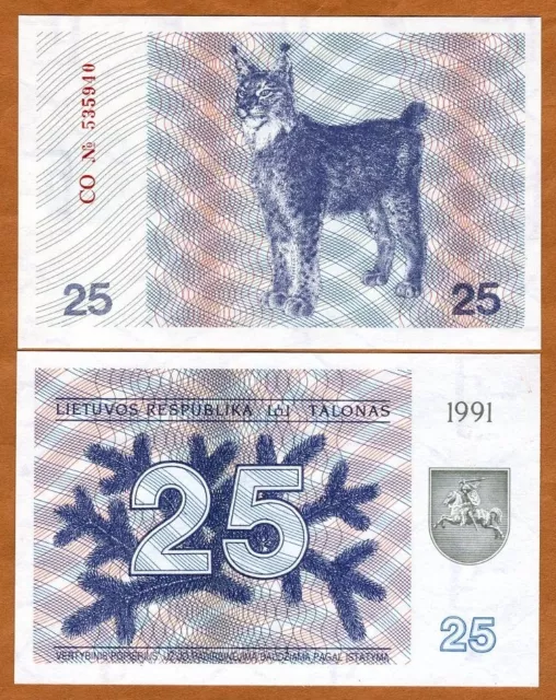 Lithuania, 25 Talonas, 1991, Pick 36 (36b), UNC Lynx