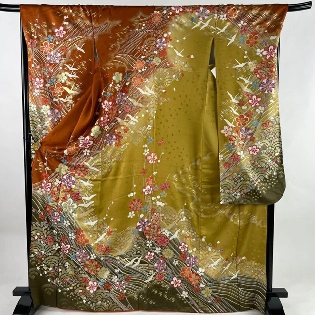 Woman Japanese Kimono Furisode Silk Plum Crane Gold Thread Foil Reddish Brown