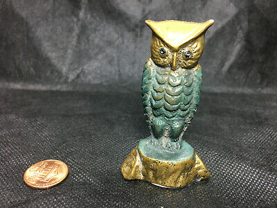Collectible VTG Hand Painted Gold & Green Cast Iron Owl Figurine 3" Paperweight